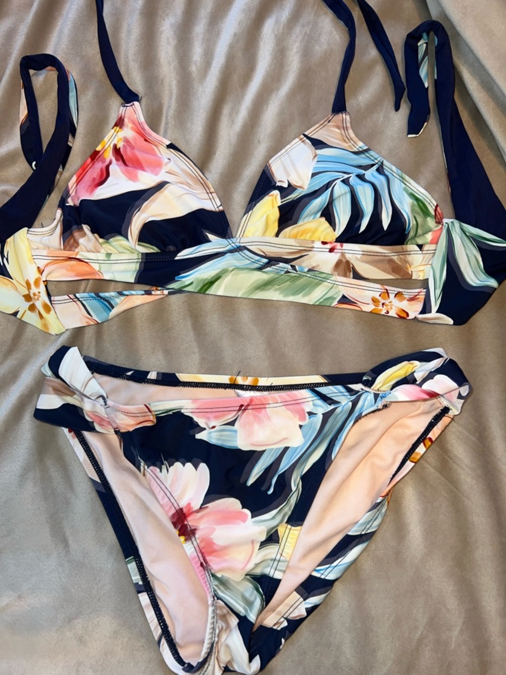Kona Sol Navy Floral Tie-Back Bikini Set